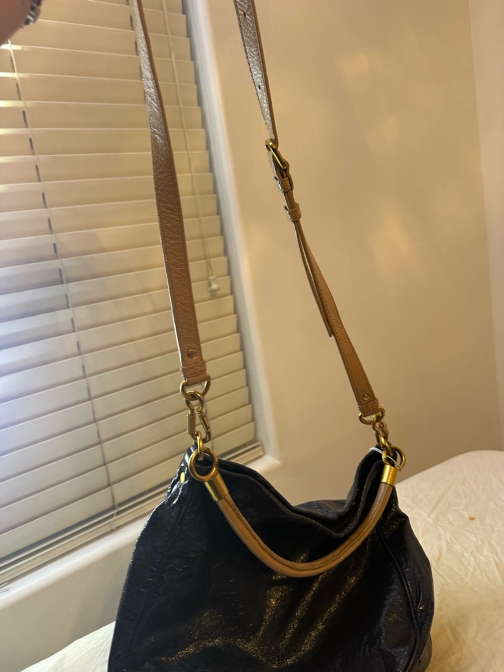 Marc by Marc Jacobs Black Leather Hobo with Tan Handle and Gold Plaque - Picture 2 of 6